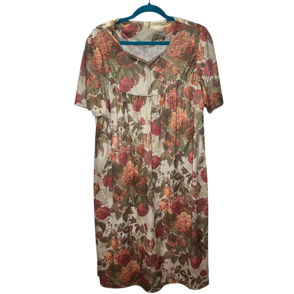 Vtg Floral Mid House Dress Housecoat Cottagecore Rayon Blend No Size Tag